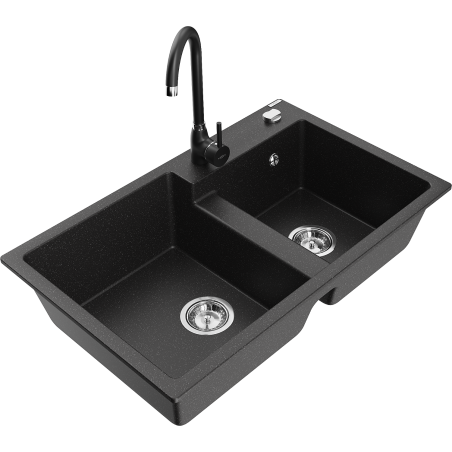 Mexen Tomas dviejų skyrių granito plautuvė su virtuviniu maišytuvu Telma, juodas/sidabrinis metalikas - 6516-73-670200-70