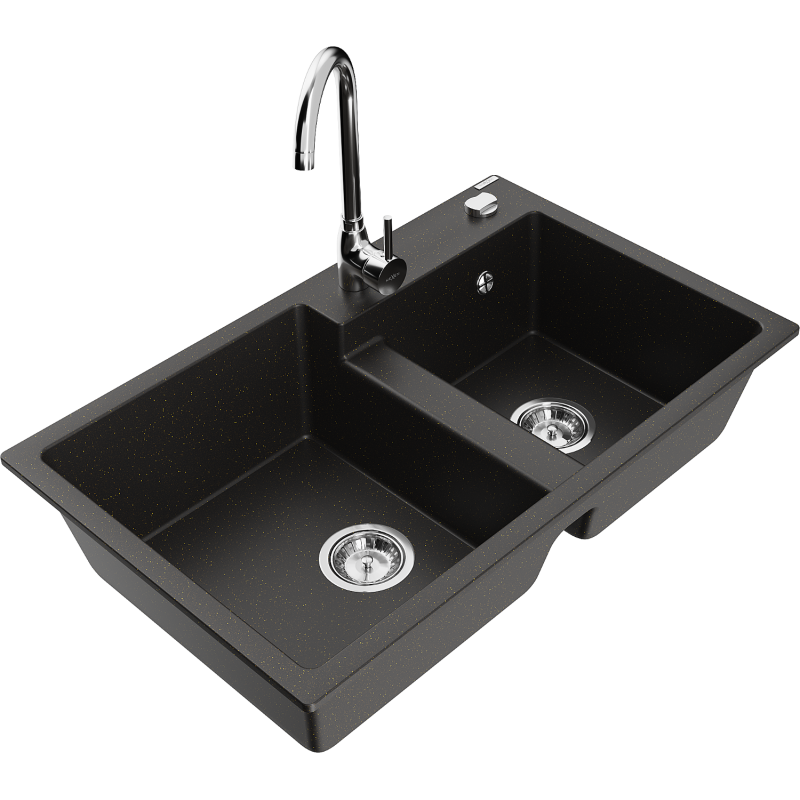 Mexen Tomas dviejų skylių granitinė plautuvė su Telma virtuviniu maišytuvu, juoda/auksinis metalikas - 6516-75-670200-00