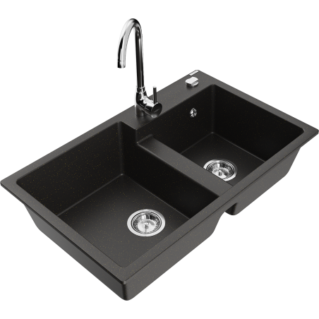 Mexen Tomas dviejų skylių granitinė plautuvė su Telma virtuviniu maišytuvu, juoda/auksinis metalikas - 6516-75-670200-00