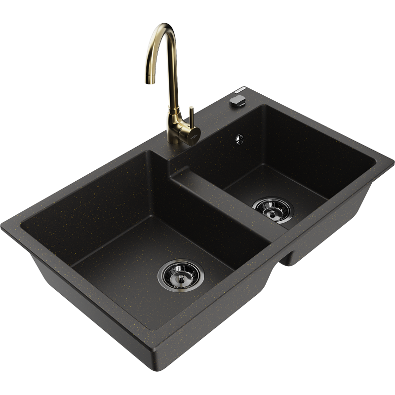 Mexen Tomas granitinis 2-skyrės virtuvės kriauklė su čiaupu Telma, juoda/auksinė metalika - 6516-75-670200-50-B