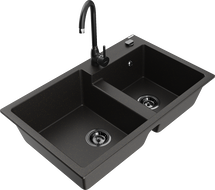 Mexen Tomas granitinė dviejų skyrių virtuvės kriauklė su Telma maišytuvu, juoda/auksinė metaliko - 6516-75-670200-70-B