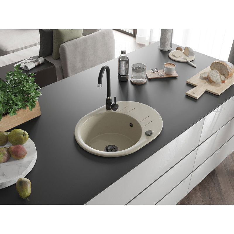 Mexen Kevin granito plautuvė 1 skyriumi su lašintuvu ir virtuviniu maišytuvu Telma, smėlio - 6517-69-670200-70