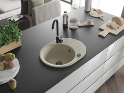 Mexen Kevin granito plautuvė 1 skyriumi su lašintuvu ir virtuviniu maišytuvu Telma, smėlio - 6517-69-670200-70