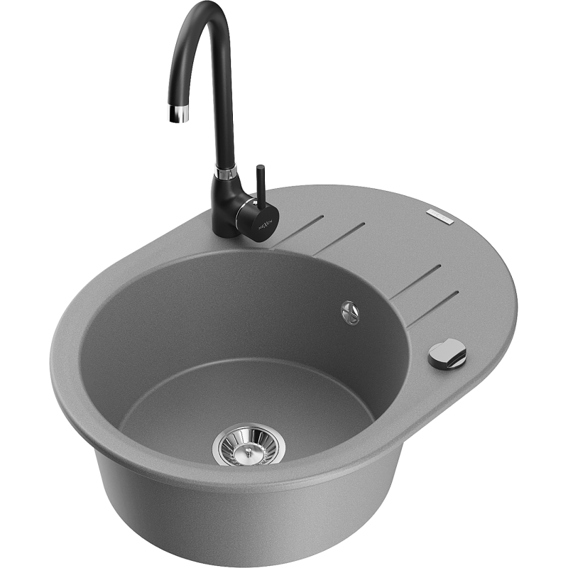 Mexen Kevin vienos kameros granito plautuvė su nutekėjimo skyriumi ir virtuviniu maišytuvu Telma, pilka - 6517-71-670200-70