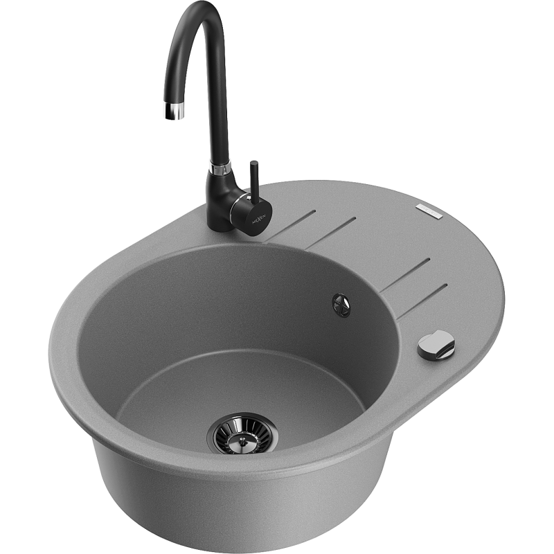 Mexen Kevin vienos vienos dalies granitinis kriauklė su nutekamu ir virtuvės maišytuvu Telma, pilka - 6517-71-670200-70-B