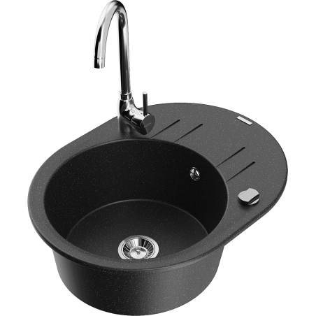 Mexen Kevin granitinė vienos kameros kriauklė su nutekėjimo vieta ir virtuviniu maišytuvu Telma, juoda/sidabrinė metalik