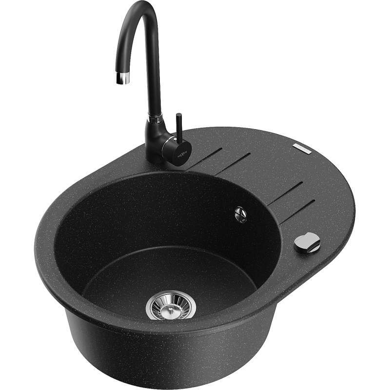 Mexen Kevin granitinė vienaaukštė plautuvė su nusausinimo paviršiumi ir Telma virtuvės maišytuvu, juoda/sidabrinė