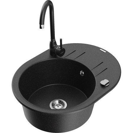 Mexen Kevin granitinė vienaaukštė plautuvė su nusausinimo paviršiumi ir Telma virtuvės maišytuvu, juoda/sidabrinė