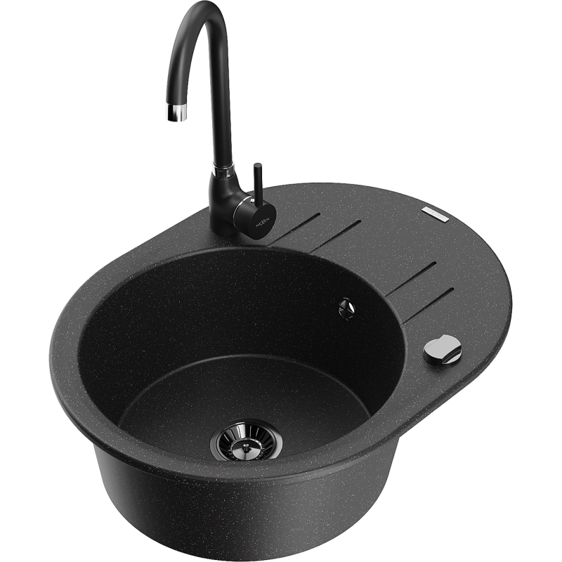 Mexen Kevin granitinė vienos kameros plautuvė su nutekamu ir virtuviniu maišytuvu Telma, juoda/sidabrinė metalikas