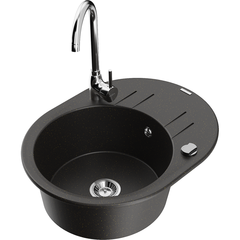 Mexen Kevin granitinė vienažalė kriauklė su lašėtuvu ir virtuviniu čiumu Telma, juoda/auksinis metalikas