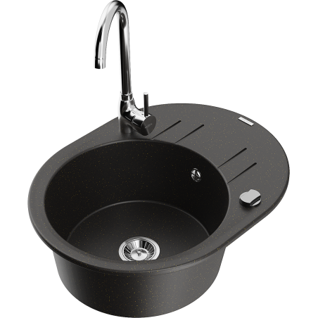 Mexen Kevin granitinė vienažalė kriauklė su lašėtuvu ir virtuviniu čiumu Telma, juoda/auksinis metalikas