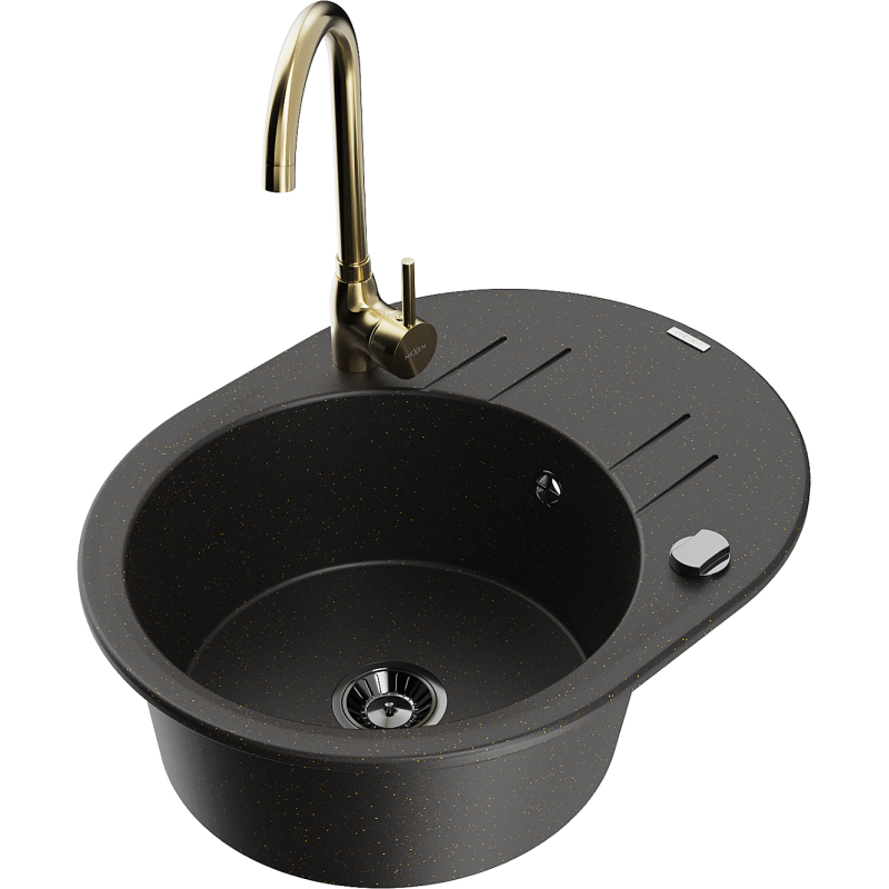 Mexen Kevin vienos kameros granitinė kriauklė su nutekėjimu ir virtuvės čiaupu Telma, juoda/auksinė metalik