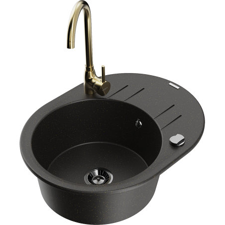 Mexen Kevin vienos kameros granitinė kriauklė su nutekėjimu ir virtuvės čiaupu Telma, juoda/auksinė metalik