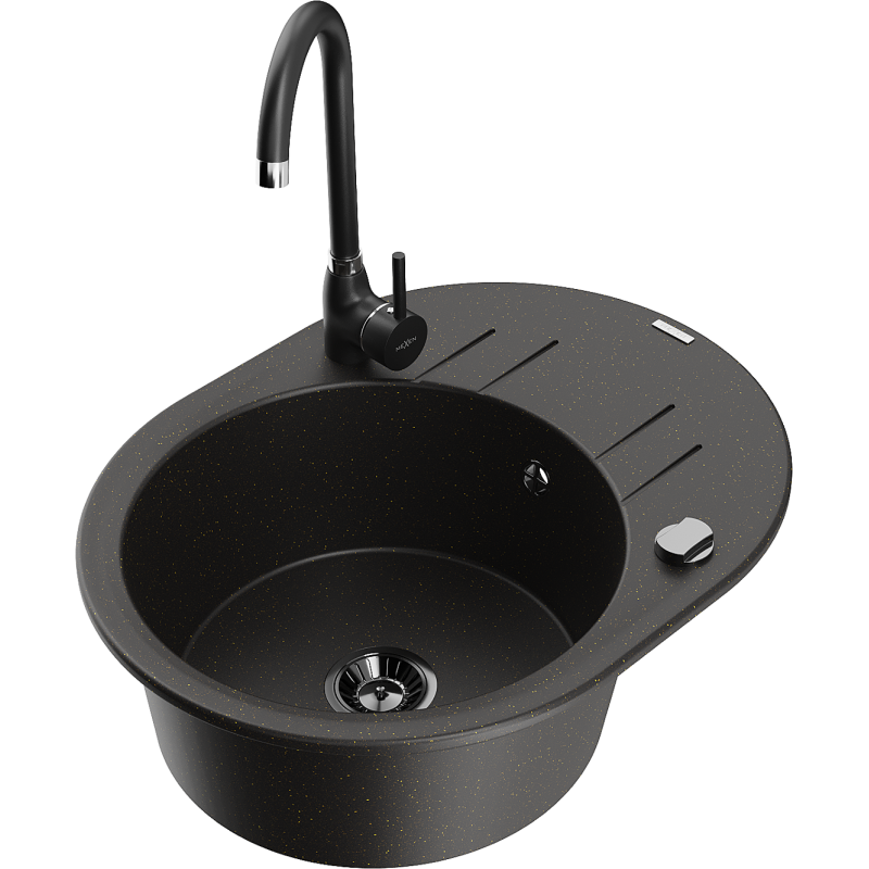 Mexen Kevin 1 kamerų granito kriauklė su nutekamąja dalimi ir Telma virtuvės maišytuvu, juoda/auksinė metalo