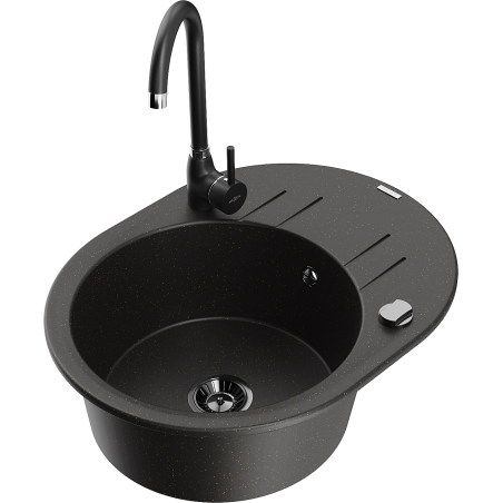 Mexen Kevin 1 kamerų granito kriauklė su nutekamąja dalimi ir Telma virtuvės maišytuvu, juoda/auksinė metalo