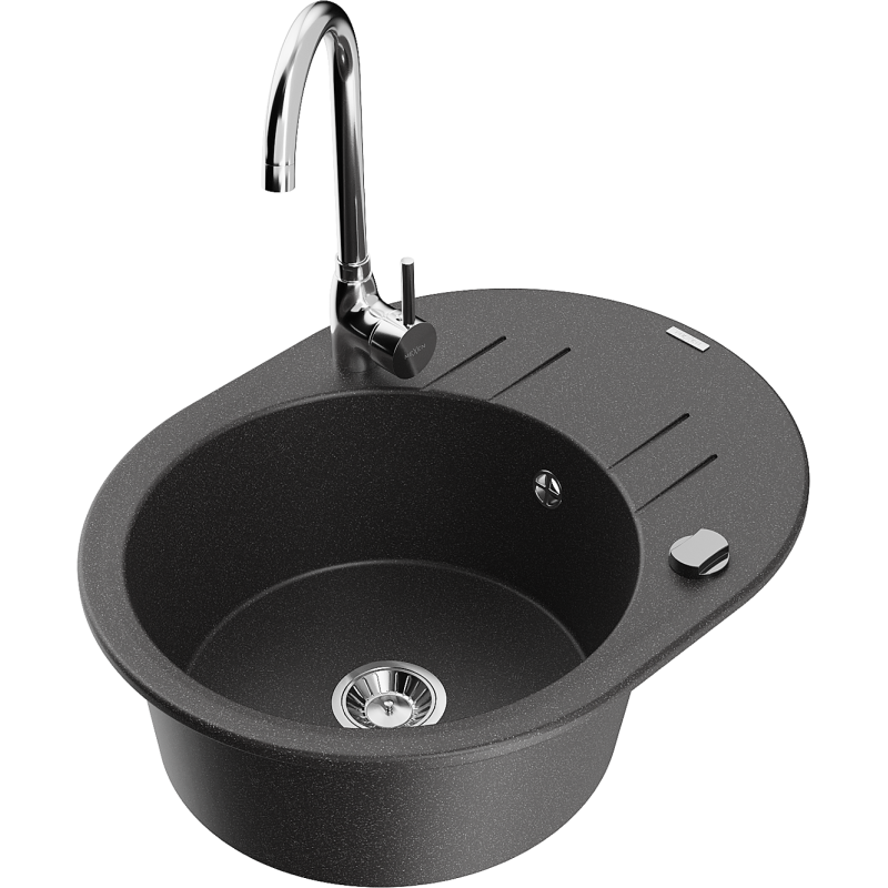 Mexen Kevin granitinė vienos kameros kriauklė su nusausintuvu ir virtuviniu maišytuvu Telma, juodos spalvos su taškeliais