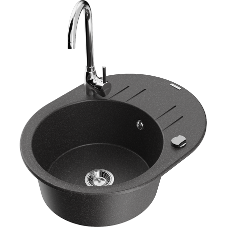 Mexen Kevin granitinė vienos kameros kriauklė su nusausintuvu ir virtuviniu maišytuvu Telma, juodos spalvos su taškeliais