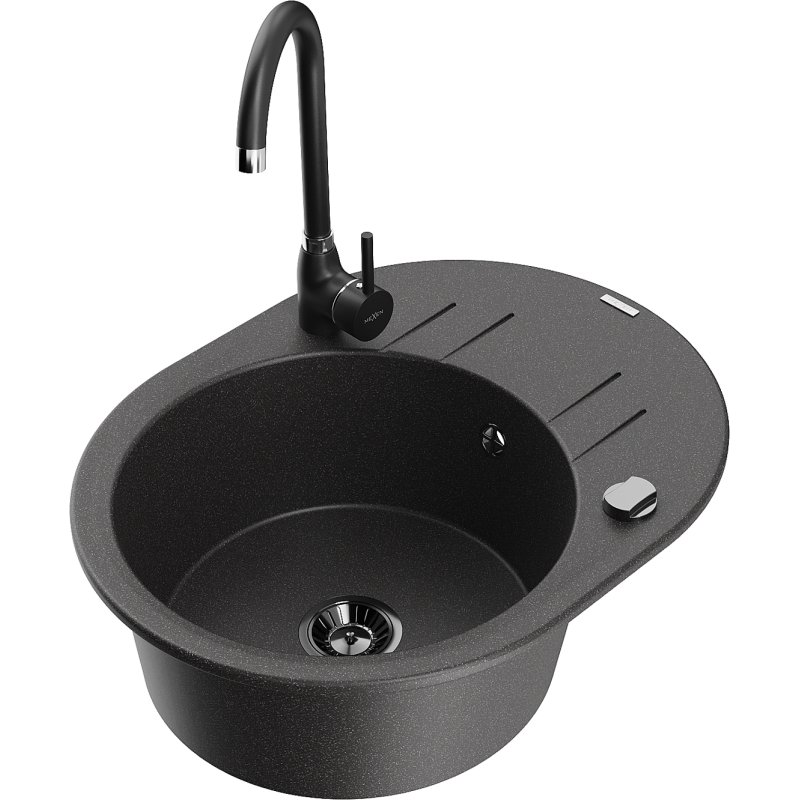 Mexen Kevin granitinė 1 kameros plautuvė su nusausinimo lentyna ir virtuves čiaupu Telma, juoda su dėmėmis