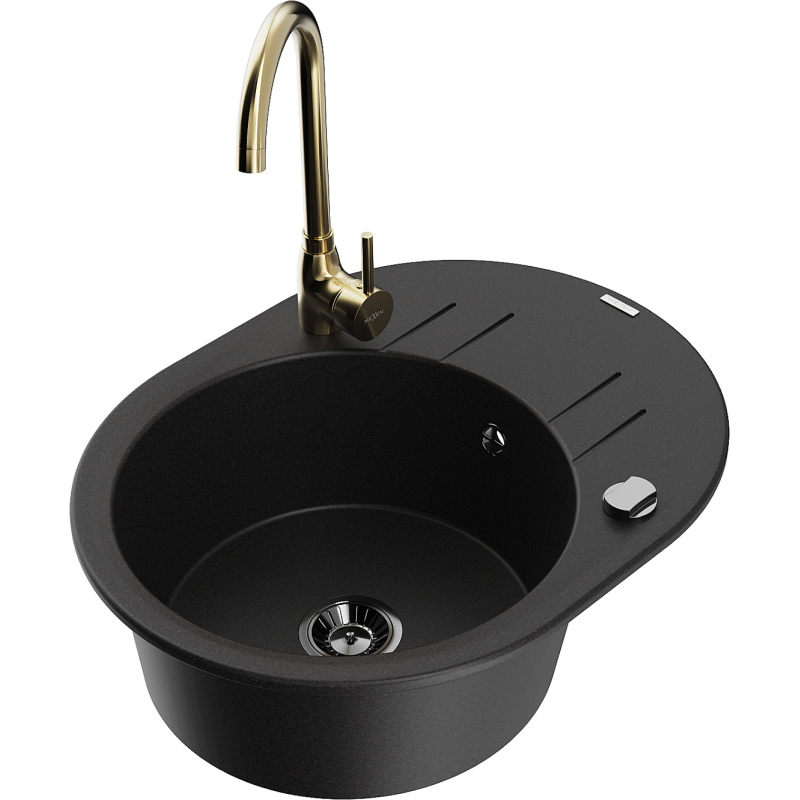 Mexen Kevin granitinė vienos kameros kriauklė su nusausinimo lenta ir Telma virtuviniu maišytuvu, juodas - 6517-77-670200-50-B