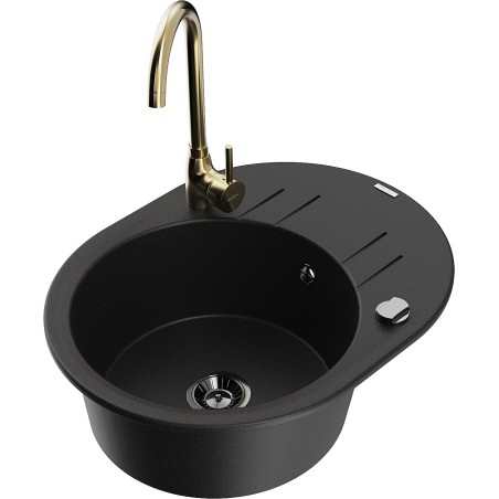 Mexen Kevin granitinė vienos kameros kriauklė su nusausinimo lenta ir Telma virtuviniu maišytuvu, juodas - 6517-77-670200-50-B