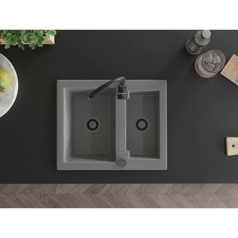 Mexen Carlos granito kriauklė 1,5 kameros su virtuviniu maišytuvu Telma, pilka - 6518-71-670200-70-B