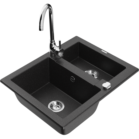 Mexen Carlos granito plautuvė su 1,5 kameros, su virtuvės maišytuvu Telma, juoda/sidabrinis metalikas - 6518-73-670200-00