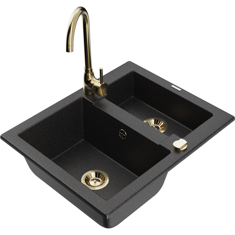 Mexen Carlos granitinė plautuvė su 1,5 kameromis su Telma virtuviniu maišytuvu, juoda/sidabrinė metalinė