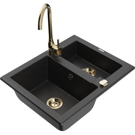 Mexen Carlos granitinė plautuvė su 1,5 kameromis su Telma virtuviniu maišytuvu, juoda/sidabrinė metalinė