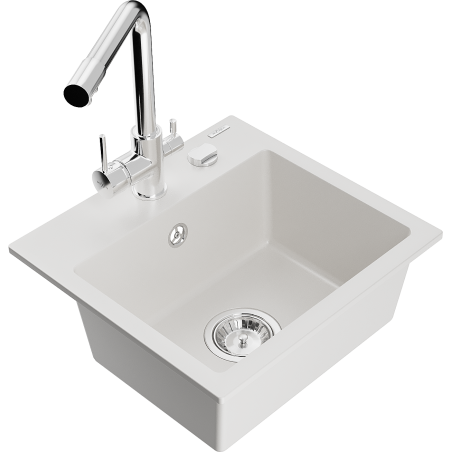 Mexen Milo granitinė vienos kameros plautuvė su Duero virtuviniu maišytuvu, balta - 6505-20-671600-00