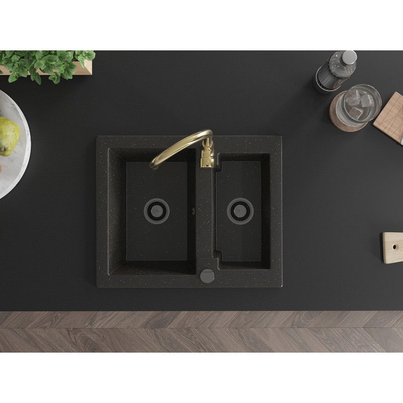 Mexen Carlos granitinis 1,5 skylių plautuvas su Telma virtuviniu maišytuvu, juodas/aukso metalikas - 6518-75-670200-50-B