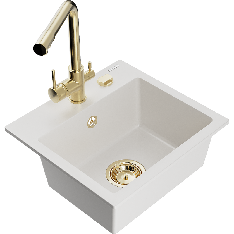 Mexen Milo granitinis vienos sekcijos praustuvas su virtuviniu maišytuvu Duero, baltas - 6505-20-671600-50