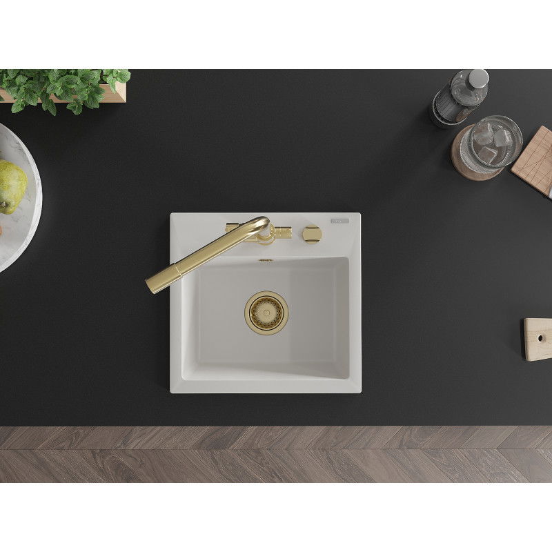 Mexen Milo granitinis vienos sekcijos praustuvas su virtuviniu maišytuvu Duero, baltas - 6505-20-671600-50