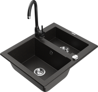 Mexen Carlos granitinė 1,5 skyrių kriauklė su virtuviniu maišytuvu Telma, juoda/auksinė metalika - 6518-75-670200-70