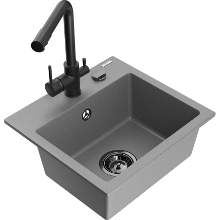 Mexen Milo vienos dubens granito plautuvė su virtuviniu maišytuvu Duero, pilka - 6505-71-671600-70-B