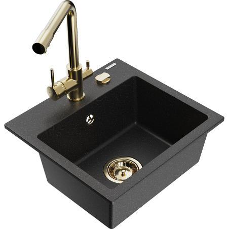 Mexen Milo granitinė virtuvės kriauklė su viena kamera ir Duero maišytuvu, juoda/sidabrinė metalik - 6505-73-671600-50