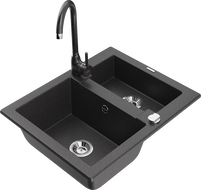 Mexen Carlos granitinė 1,5 kamerų plautuvė su Telma virtuvės maišytuvu, juodai taškuota - 6518-76-670200-76