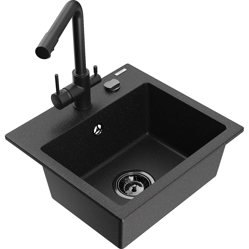 Mexen Milo granitinė vienos kameros plautuvė su virtuviniu maišytuvu Duero, juoda/sidabrinis metalikas - 6505-73-671600-70-B