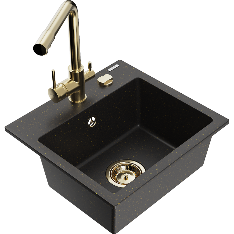 Mexen Milo granitinė vienaaukštė virtuvės kriauklė su virtuviniu maišytuvu Duero, juodas/auksinis metalikas - 6505-75-671600-50