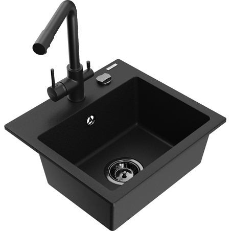 Mexen Milo granito plautuvė 1-kamerinė su virtuviniu maišytuvu Duero, juoda - 6505-77-671600-70-B