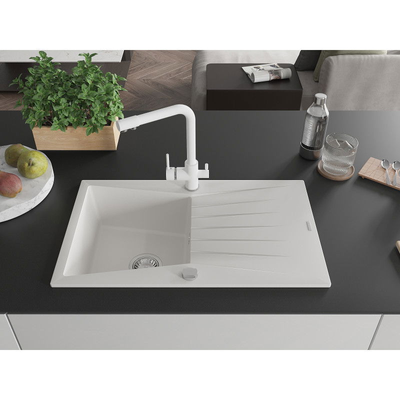 Mexen Cesar granito kriauklė su vienu dubeniu ir indukcine plokšte bei virtuviniu maišytuvu Duero, balta - 6514-20-671600-20