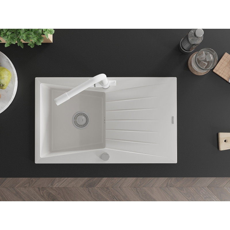 Mexen Cesar granitinė vienos talpos kriauklė su nusausintoju ir virtuviniu maišytuvu Duero, balta - 6514-20-671600-20