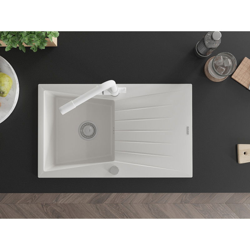 Mexen Cesar granito kriauklė su vienu dubeniu ir indukcine plokšte bei virtuviniu maišytuvu Duero, balta - 6514-20-671600-20