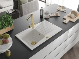 Mexen Cesar granito plautuvė su viena kamera ir nuvarvėjimo vieta bei virtuviniu maišytuvu Duero, baltas - 6514-20-671600-50