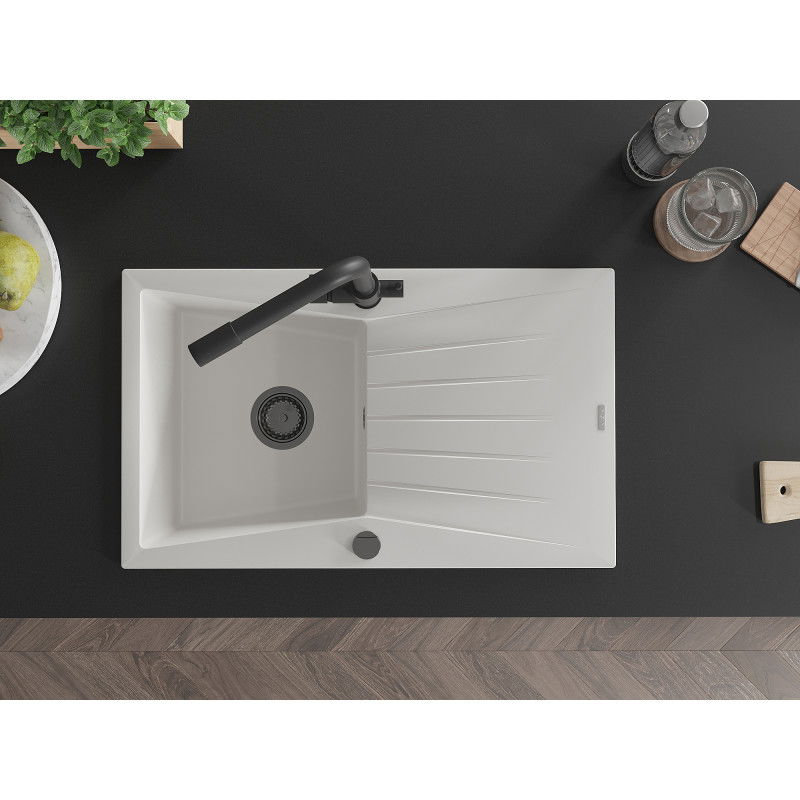 Mexen Cesar 1 skylių granito kriauklė su nutekėjimu ir virtuvės čiaupu Duero, balta - 6514-20-671600-70