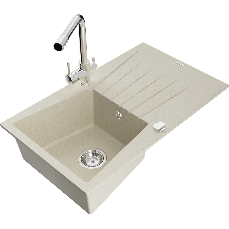 Mexen Cesar vienos kameros granitinė virtuvinė kriauklė su nutekėjimu ir virtuviniu maišytuvu Duero, smėlinė