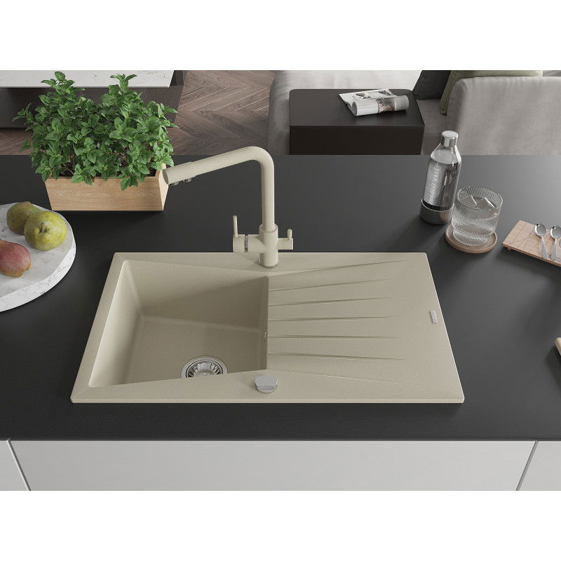 Mexen Cesar granitinė vienos kameros plautuvė su nutekamu ir virtuviniu maišytuvu Duero, smėlio spalvos - 6514-69-671600-69