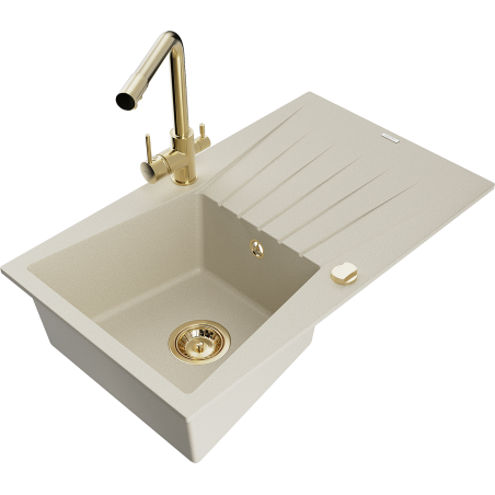 Mexen Cesar vienos kameros granito kriauklė su nusausintuvu ir virtuviniu maišytuvu Duero, smėlinė - 6514-69-671600-50