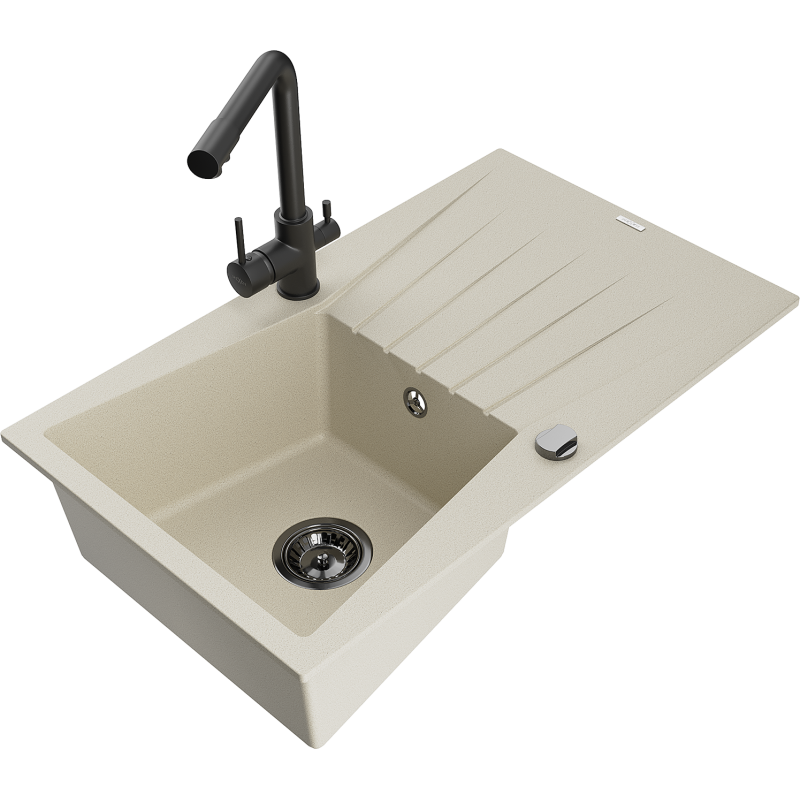 Mexen Cesar granito plautuvė su viena kamera, nutekamu ir virtuvės maišytuvu Duero, smėlinė - 6514-69-671600-70