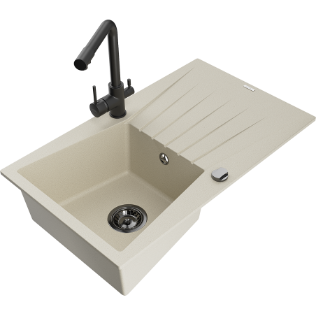Mexen Cesar granito plautuvė su viena kamera, nutekamu ir virtuvės maišytuvu Duero, smėlinė - 6514-69-671600-70