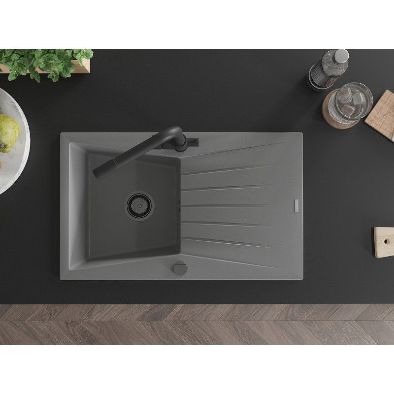 Mexen Cesar granitinė vienos kameros kriauklė su nutekamuoju paviršiumi ir virtuviniu maišytuvu Duero, pilka